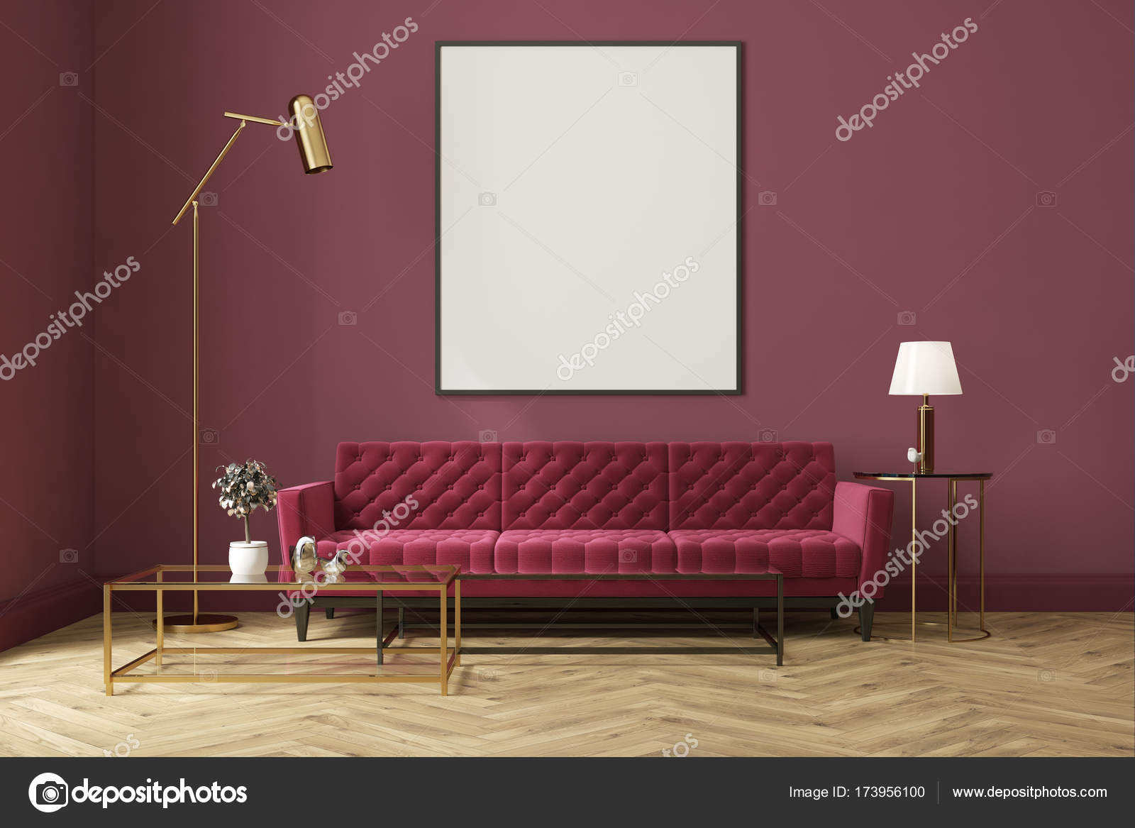 Lila Wohnzimmer, lila wohnzimmer, rotes sofa, poster — stockfoto © denisismagilov, Design ideen