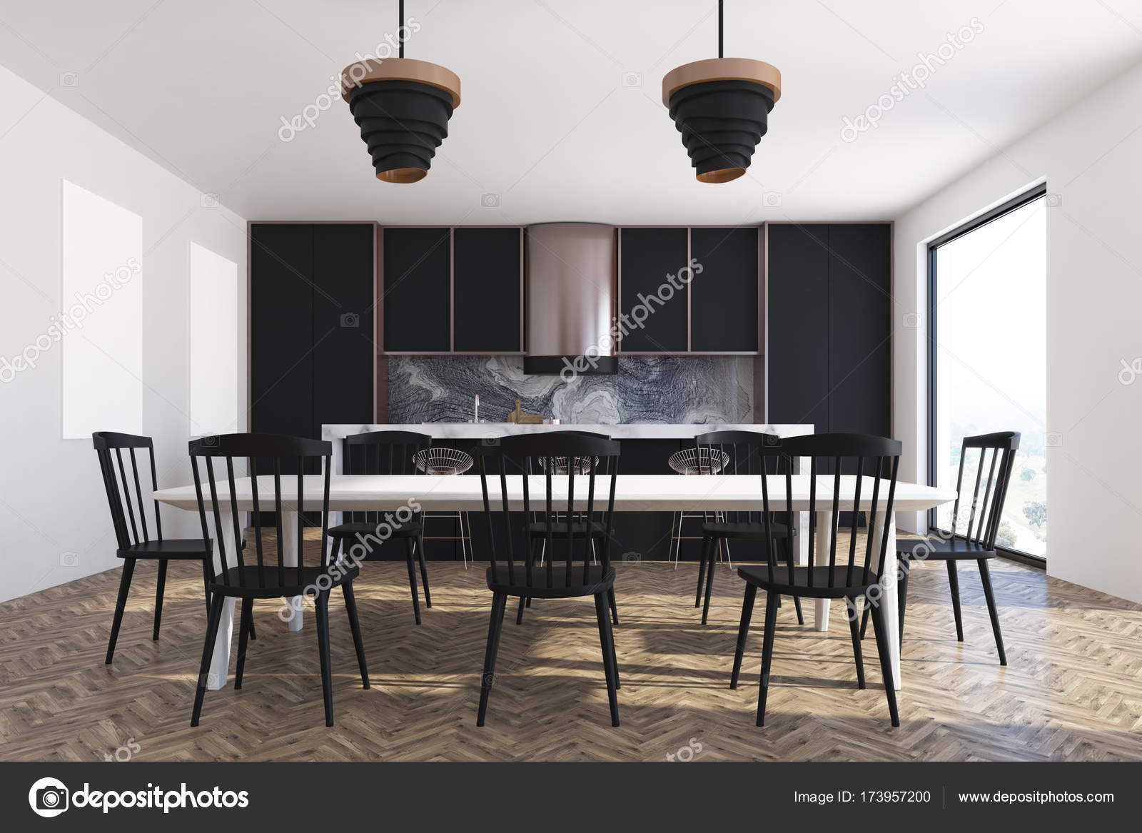 Comedor habitación interior, negro sillas y armario — Fotos de Stock ... Comedor habitación interior, negro sillas y armario — Fotos de Stock ...