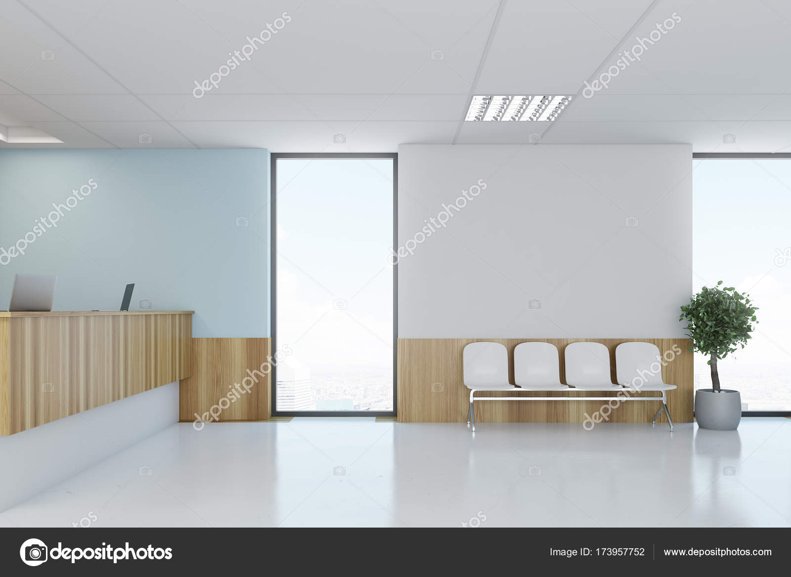 Blau Und Holzernen Krankenhaus Lobby Rezeption Stockfoto