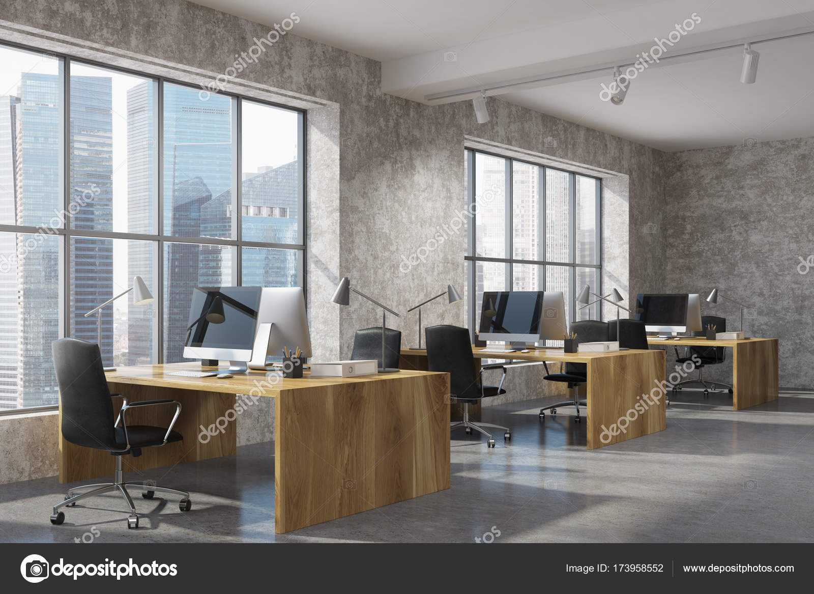 Concrete open space office corner, wood — Stock Photo © denisismagilov