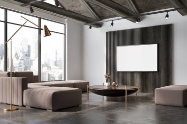 Beyaz ve ahşap oturma odasının köşesinde, poster