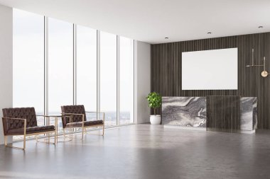 Koyu ahşap Resepsiyon, koltuklar ve poster