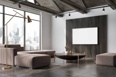 Beyaz ve ahşap oturma odasının köşesinde, poster