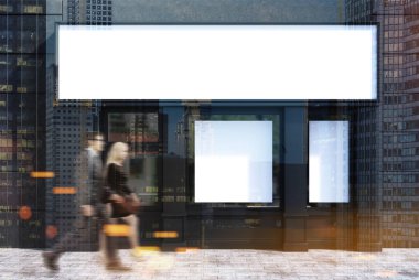 Siyah kafeterya cephesi ile bir poster, insanlar