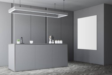 Gri mutfak iç, tezgah, poster yan