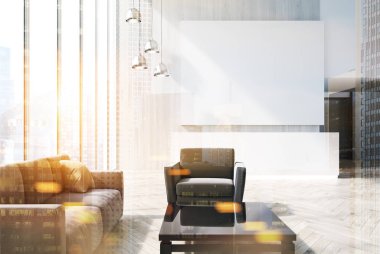 Beyaz ofis, gri koltuklar, tonda Resepsiyon