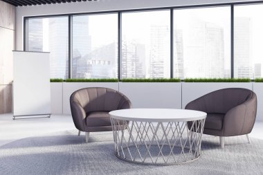 Beyaz ofis bekleme odası, yuvarlak masa