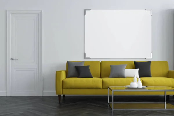 Weißes Wohnzimmer, gelbes Sofa — Stockfoto