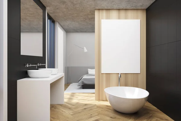 Szürke, fából készült fürdőszoba és egy hálószoba, poszter — Stock Fotó