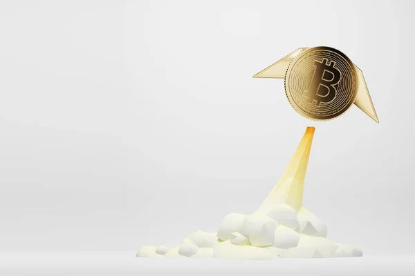 Bitcoin volador, fondo blanco —  Fotos de Stock