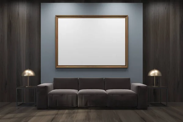 Сіра і дерев'яна вітальня, диван, плакат з рамкою — стокове фото