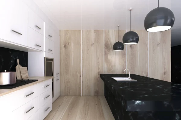Белая кухня с черной барной стойкой — стоковое фото