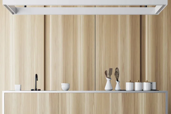 Intérieur de la cuisine en bois, comptoir gros plan — Photo