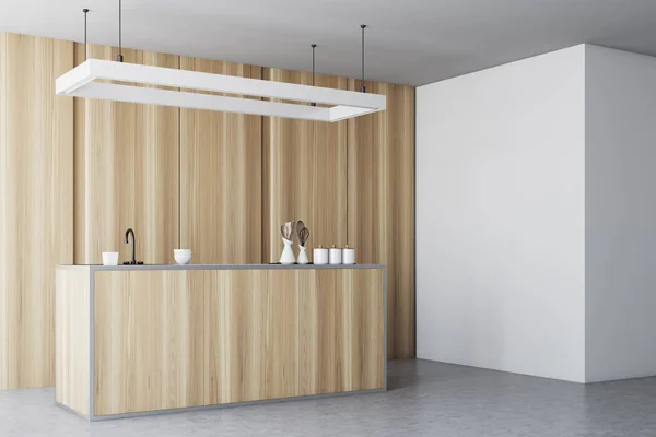 Interno della cucina in legno, piano di lavoro, parete laterale — Foto Stock