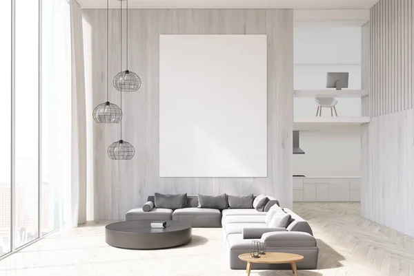 Białe drewniane salonie szary kanapie — Zdjęcie stockowe