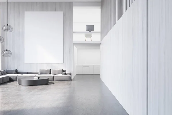 Sala de estar de madeira branca e escritório em casa — Fotografia de Stock