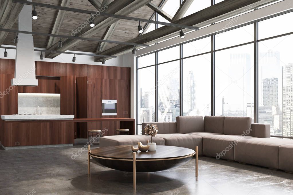 Loft wooden living room and kitchen