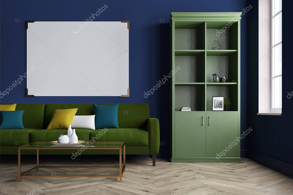 Azul, sala de estar, sofá verde, librería — Foto de stock