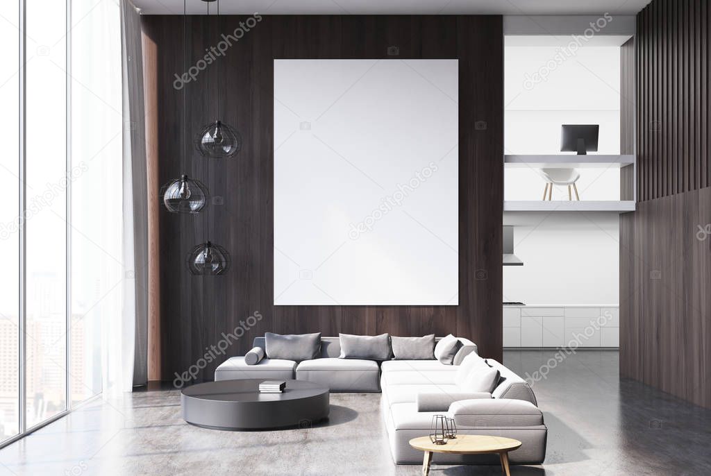 Wooden living room gray sofa