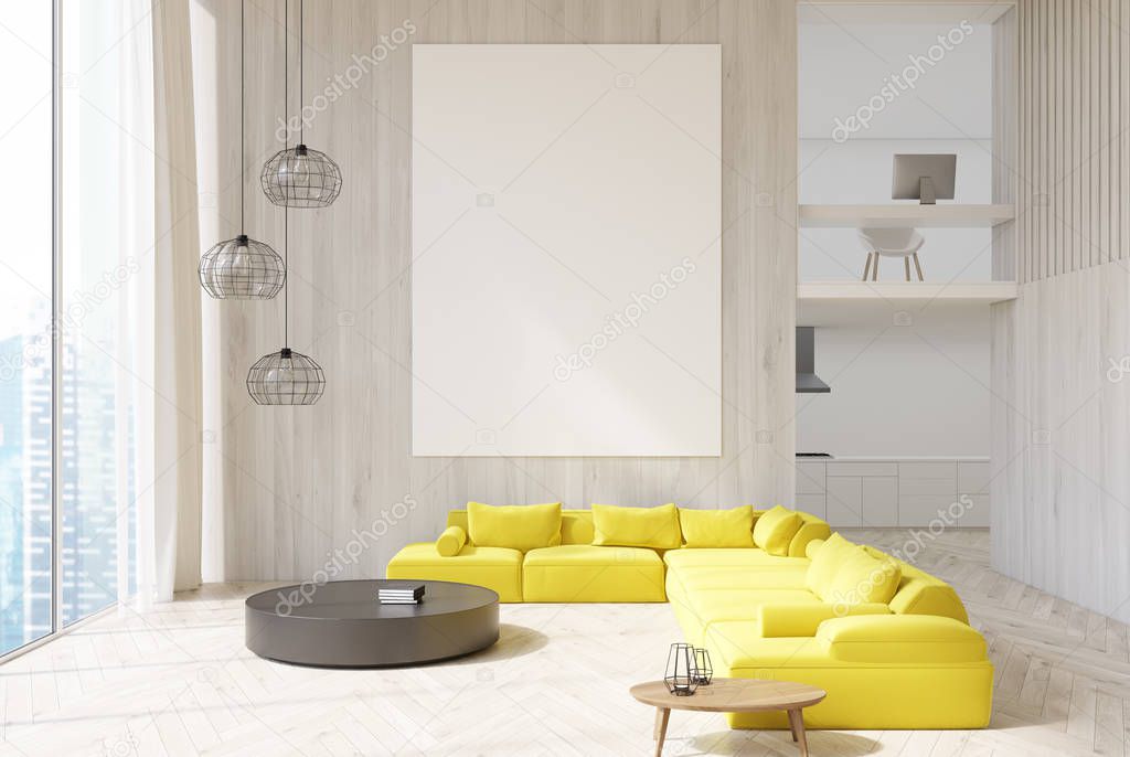 White wooden living room yellow sofa