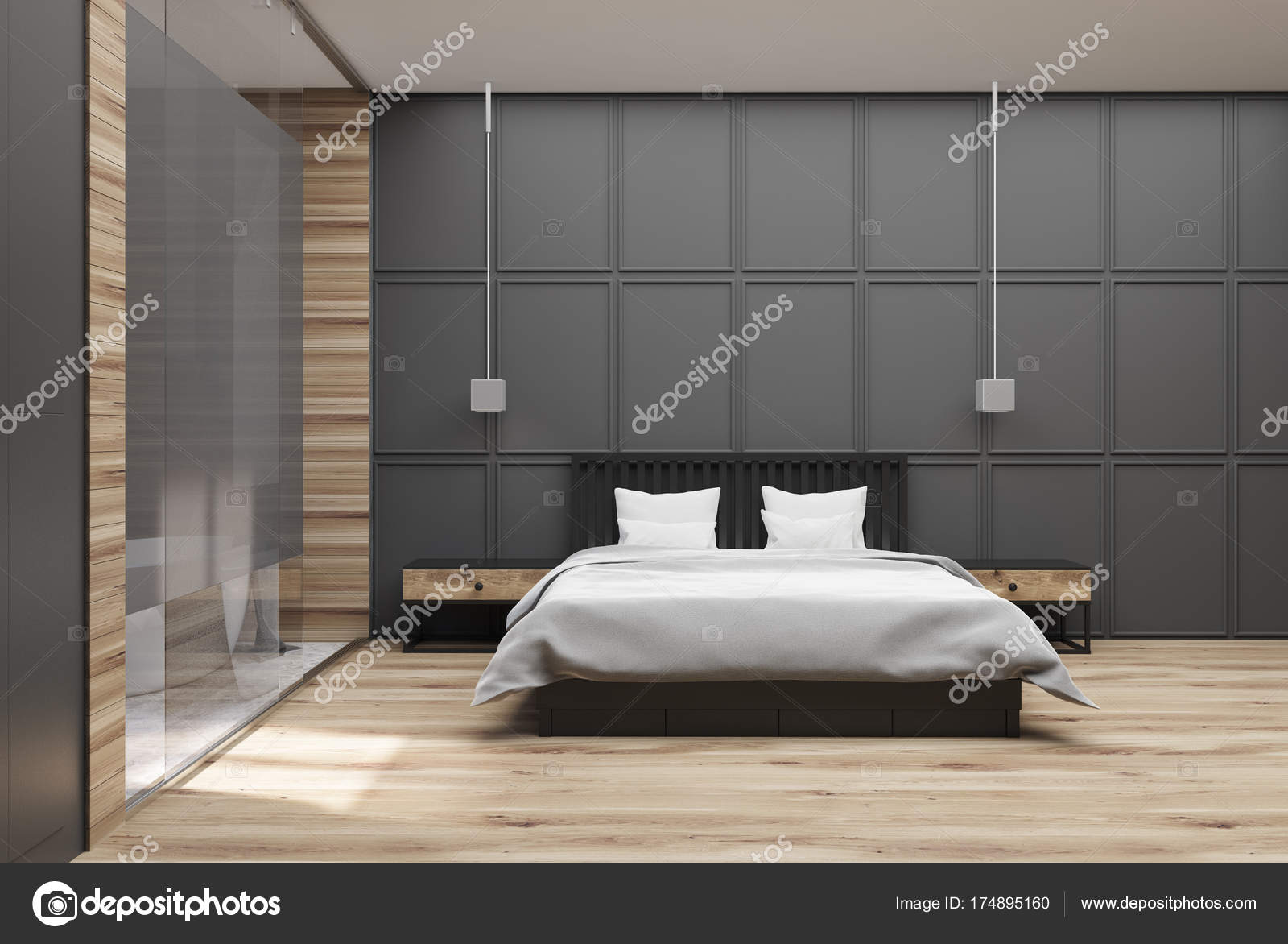 Gray and wooden bedroom Stock Photo by ©denisismagilov 174895160