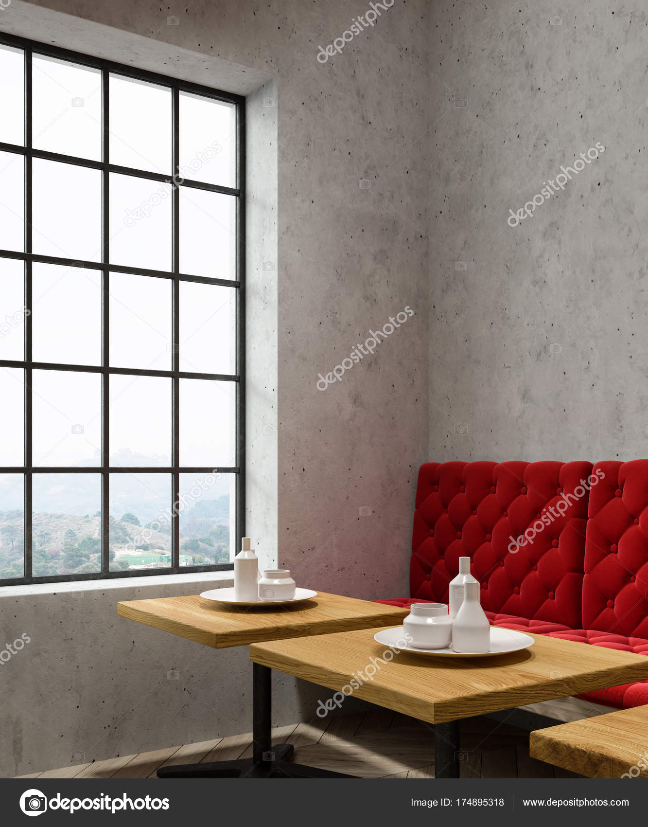 Konkrete Cafe Rotes Ecksofa Stockfoto C Denisismagilov