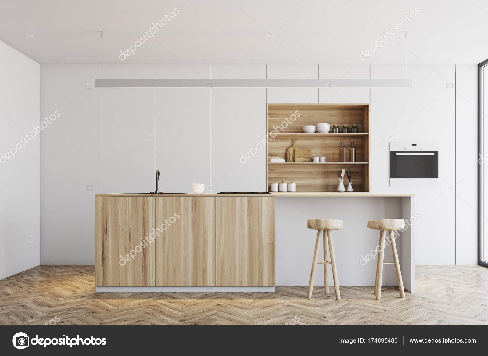 White and beige kitchen interior with bar Stock Photo by