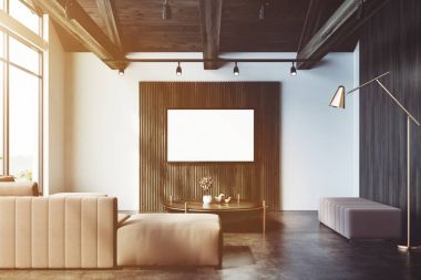 Beyaz, ahşap oturma odası, bej kanepe poster tonda