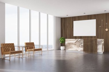 Ahşap Resepsiyon, koltuklar ve poster