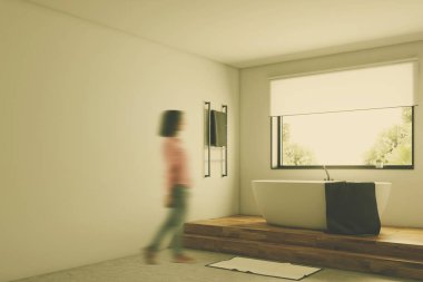 Banyo beyaz ve ahşap yan tonda