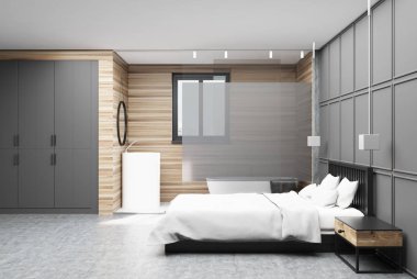 Gri ve ahşap yatak odası yan, banyo