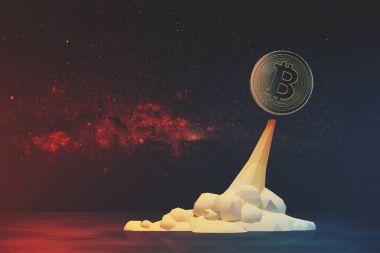 Uçan bitcoin roket uzayda, kırmızı