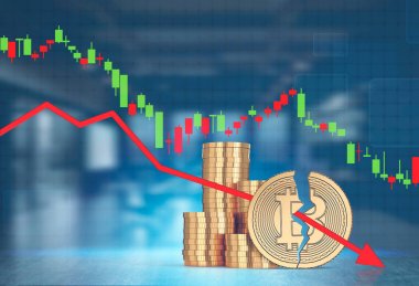 Bitcoins, grafik düşen yığınları bulanıklık kapatın