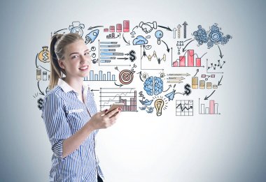 Neşeli sarışın işkadını, smartphone, planı