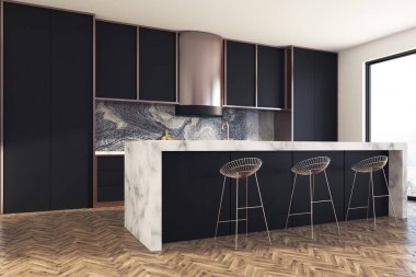 Siyah ve mermer mutfak bar yan