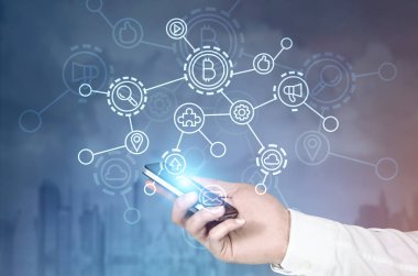 İşadamı s el, smartphone, bitcoin ağ