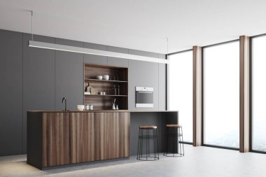 Gri mutfak, ahşap bar standı yan