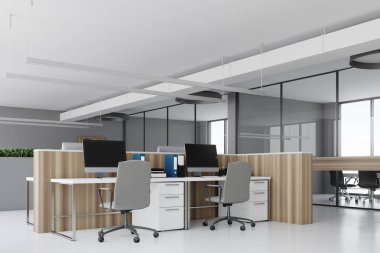 Beyaz ofis köşe ahşap masaları beton yan