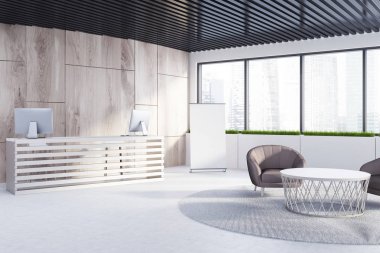 Ahşap resepsiyon masası ve bekleme yeri, ofis