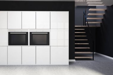 Beyaz Siyah mutfak dolapları, merdiven