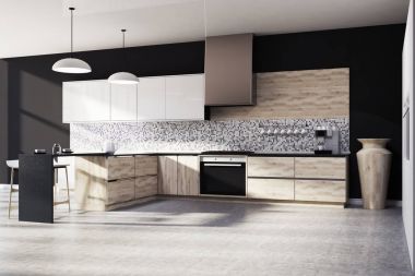 Siyah mozaik mutfak iç, ahşap yan