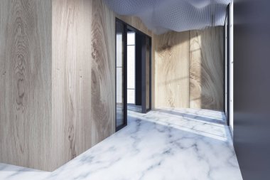 Siyah ve ahşap ofis binası, kapı