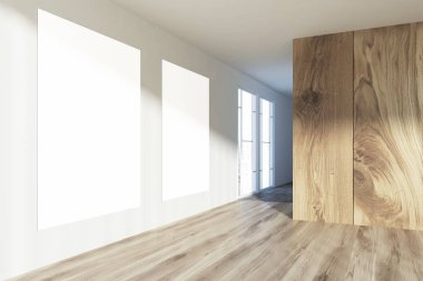 Beyaz ve ahşap ofis binası, posterler