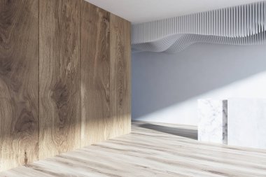 Beyaz ve ahşap Resepsiyon salonu yan yakın çekim