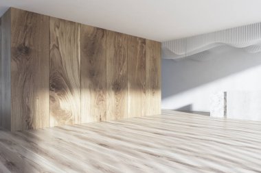 Beyaz ve ahşap Resepsiyon salonu yan