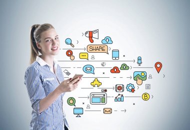 Neşeli sarışın kadın, akıllı telefon, sosyal medya