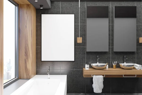 Banheiro preto e de madeira, cartaz — Fotografia de Stock