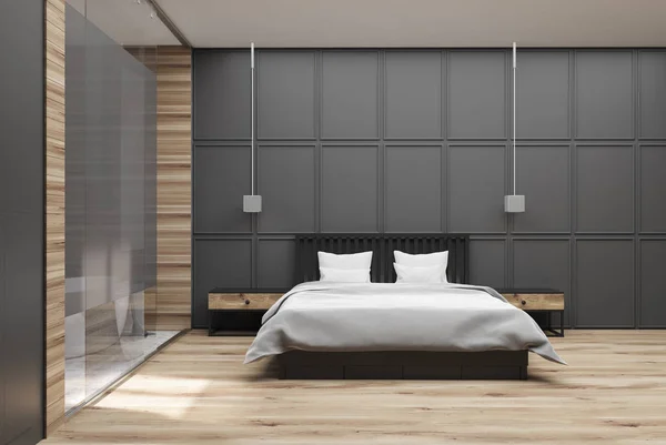 회색 나무 침실 — 스톡 사진