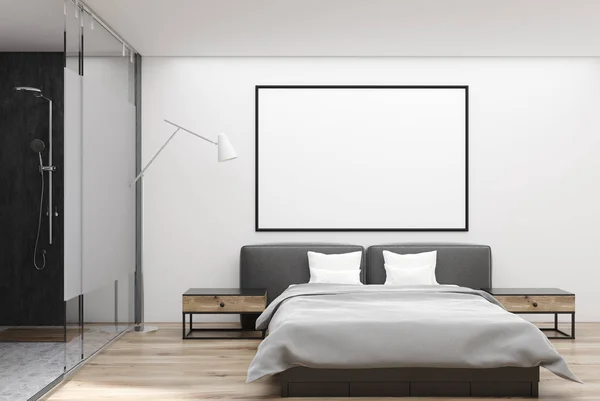 Biała sypialnia z plakatu — Zdjęcie stockowe