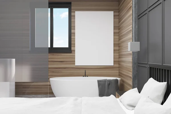 Серая и деревянная сторона спальни, ванная, плакат — стоковое фото